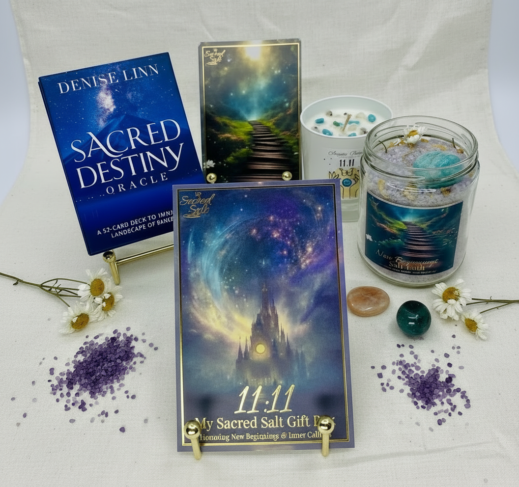 My Sacred Salt 11:11 Gift Box with Ritual card, Salt Bath Jar, tarot cards, a candle, and crystals on a white surface.