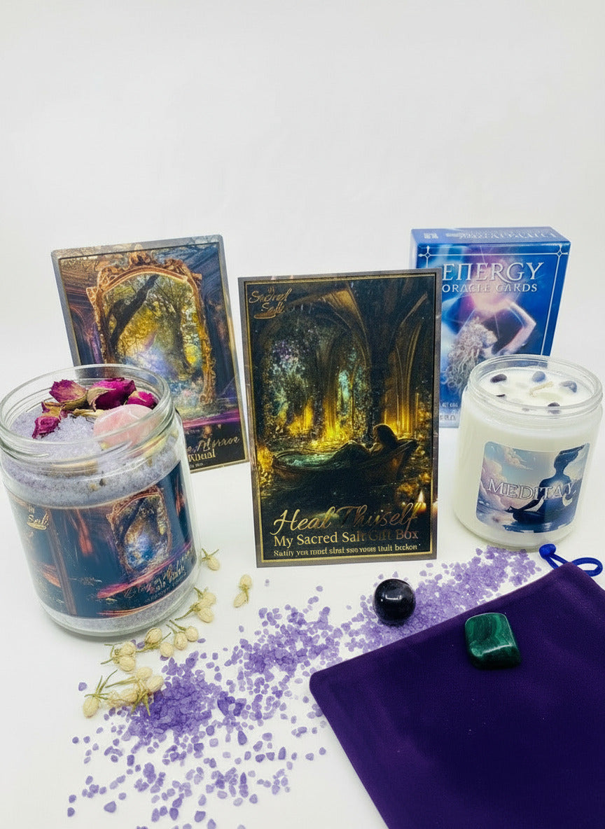 Loving in the mirror Salt bath jar with matching ritual card, candle, tarot cards, and crystals on a white surface with a purple crystal pouch.