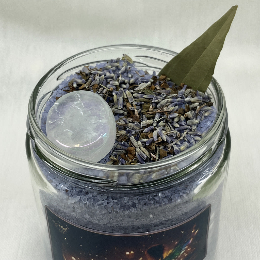 Glass jar with lavender and a crystal on a white background