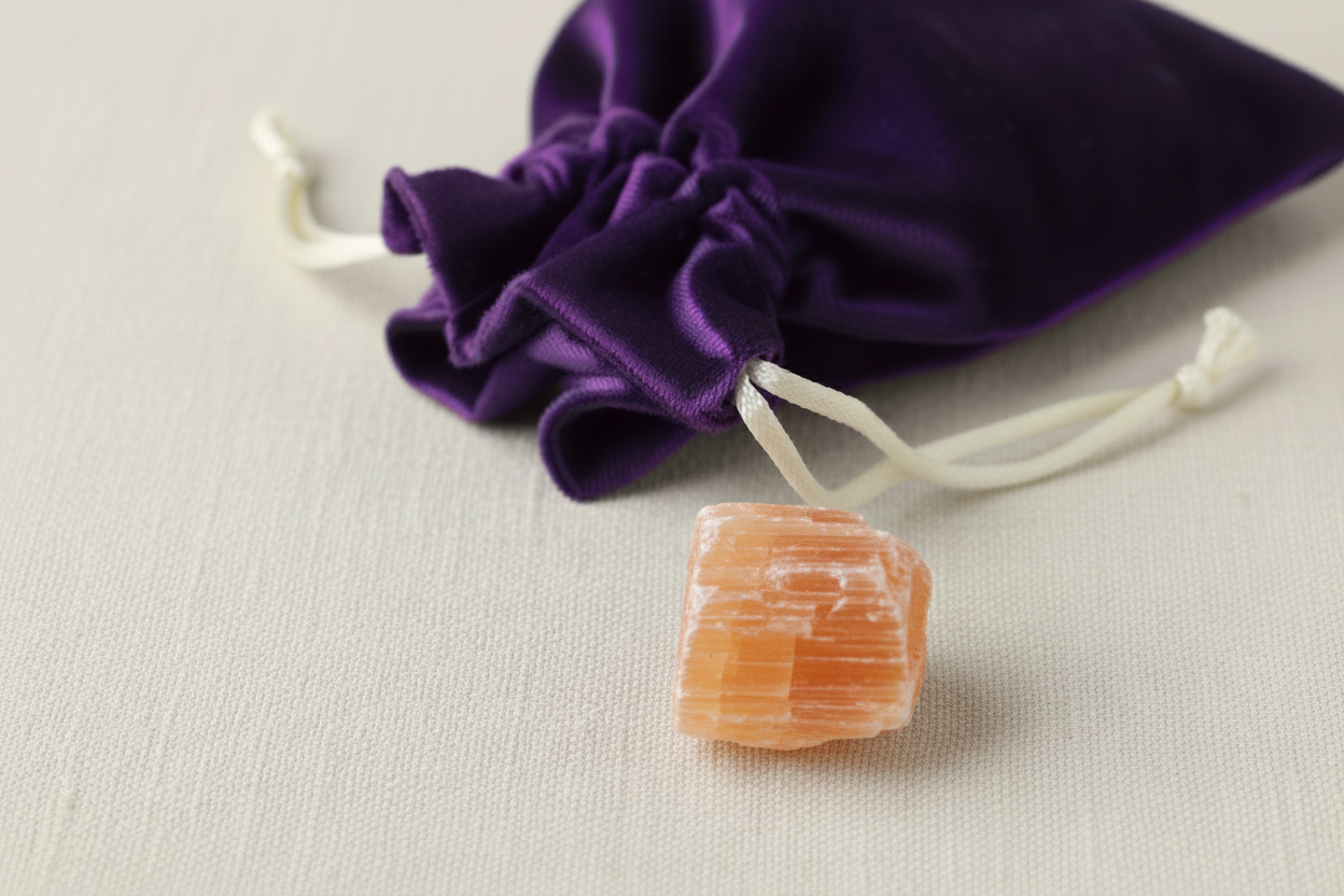 Crystal with a purple drawstring bag in the background