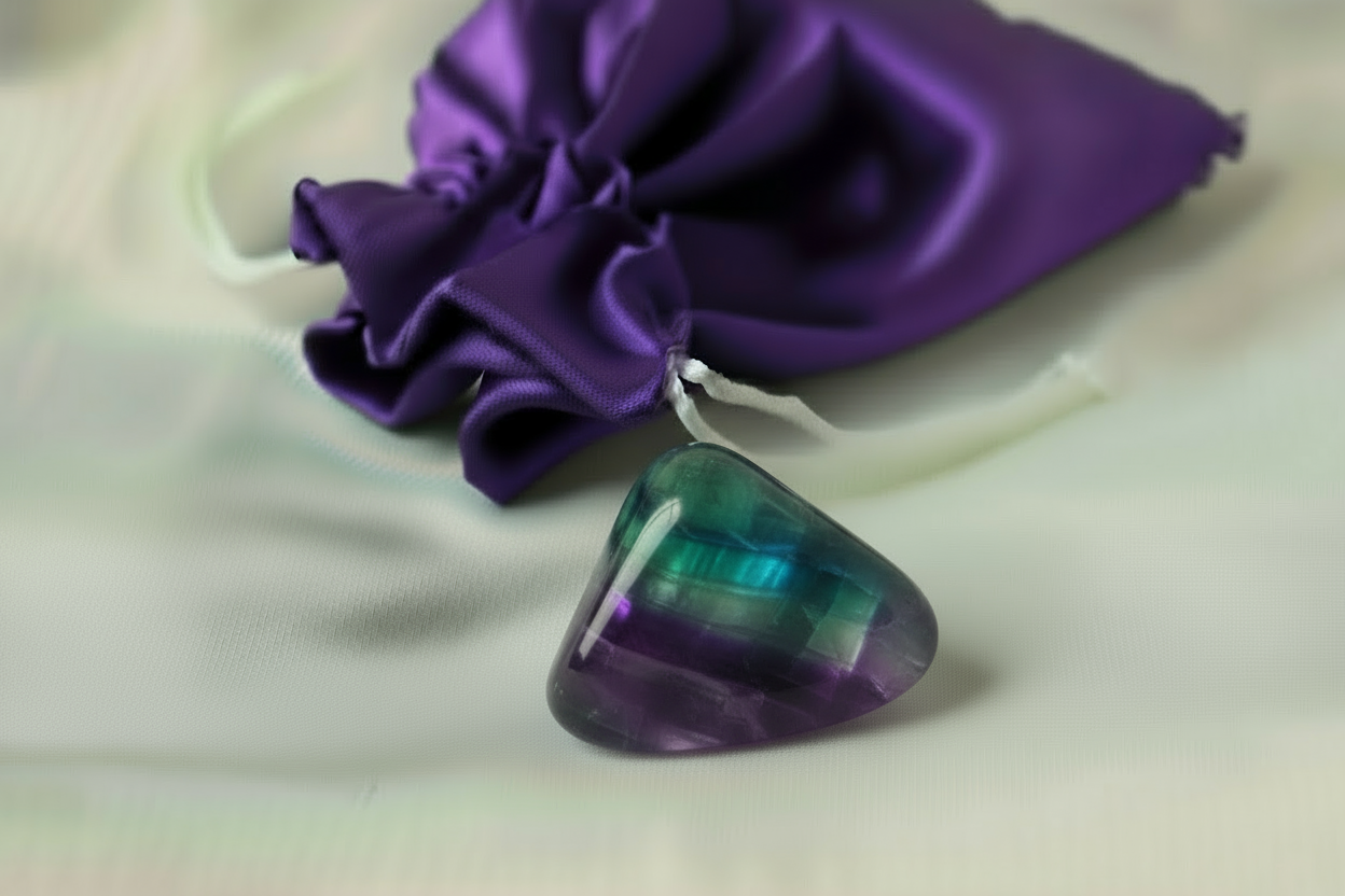 Triangular purple and green stone on a white background
