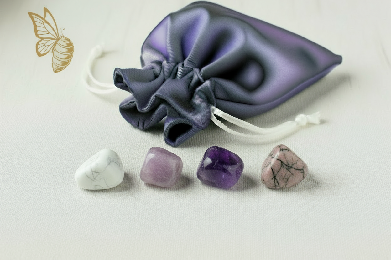 Purple drawstring bag with crystals on a light background