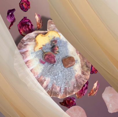 Image of My Sacred Salt Goddess Salt Baths held in a shell surrounded by rose petals and rose quartz crystals behind flowing fabric