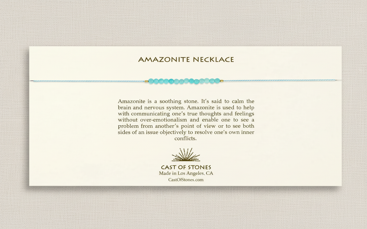 Amazonite necklace on a white card with product description and brand information.