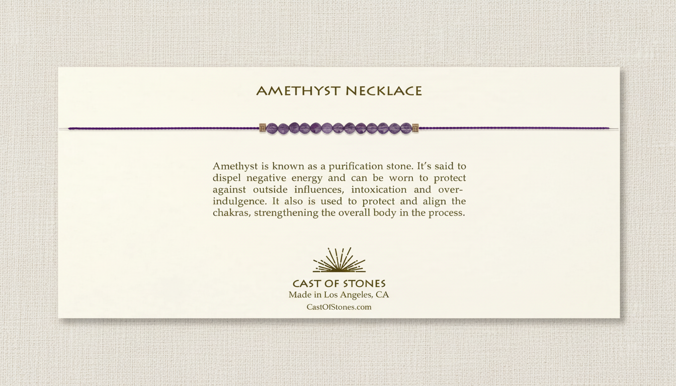 Amethyst necklace on a beige card with product description and brand information.