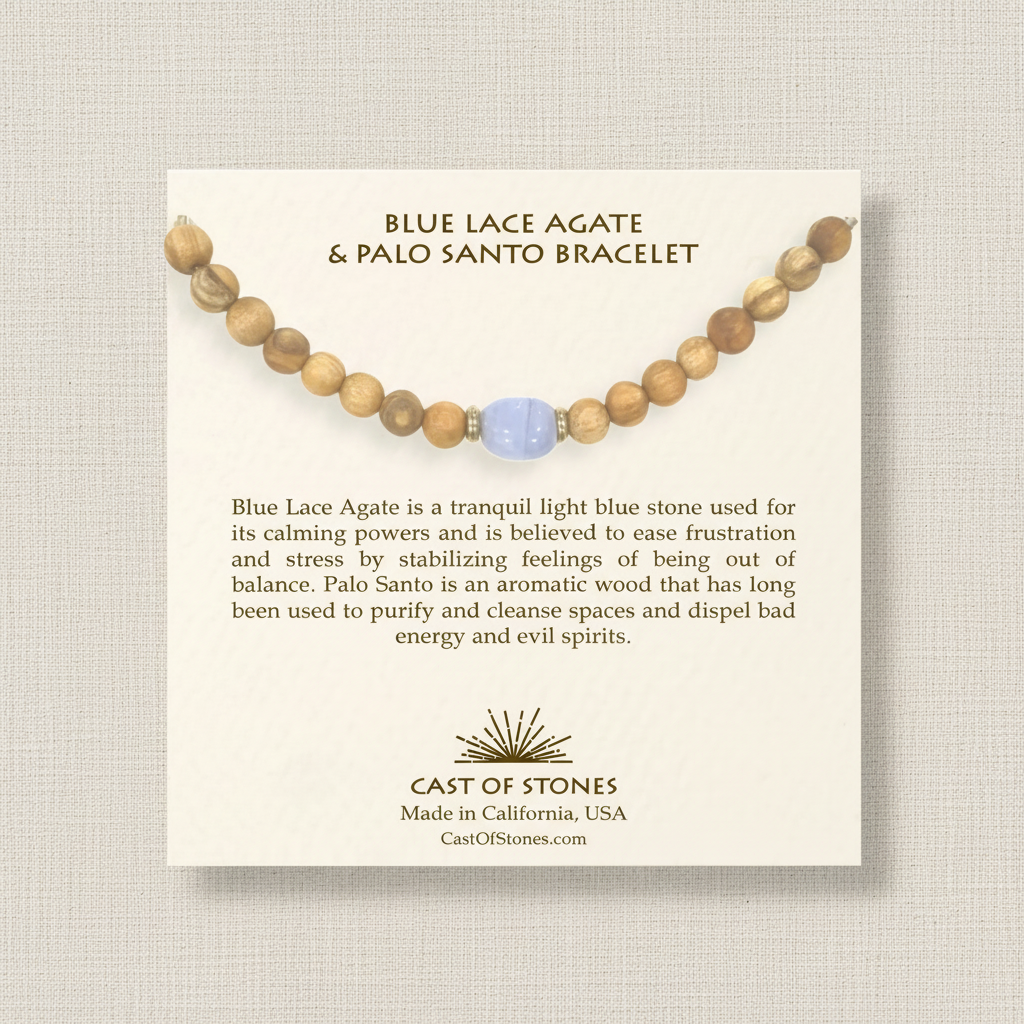 Blue Lace Agate and Palo Santo bracelet on a beige card with product description and brand information.