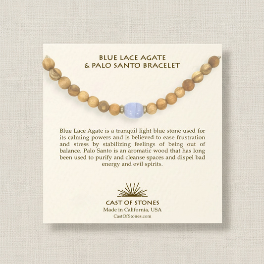Blue Lace Agate and Palo Santo bracelet on a beige card with product description and brand information.