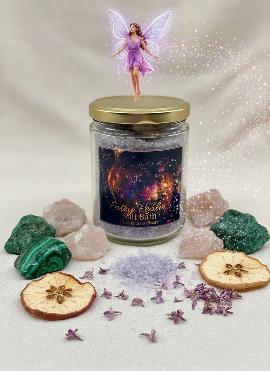 Jar labeled 'Fairy Realm Bath Salts' with a fairy figurine on top, surrounded by stones and dried fruits.