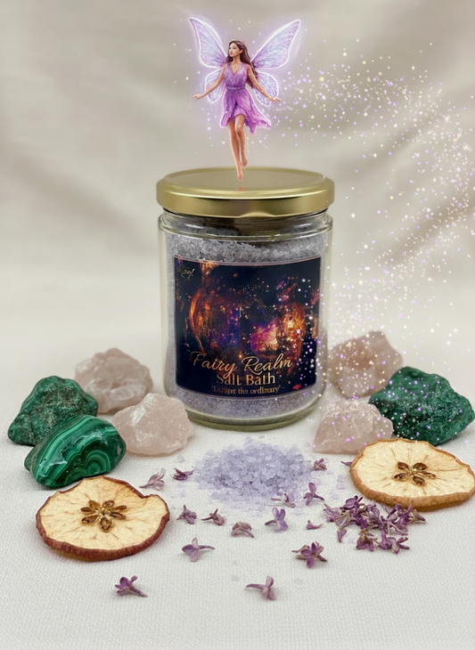 Jar labeled 'Fairy Realm Bath Salts' with a fairy figurine on top, surrounded by stones and dried fruits.