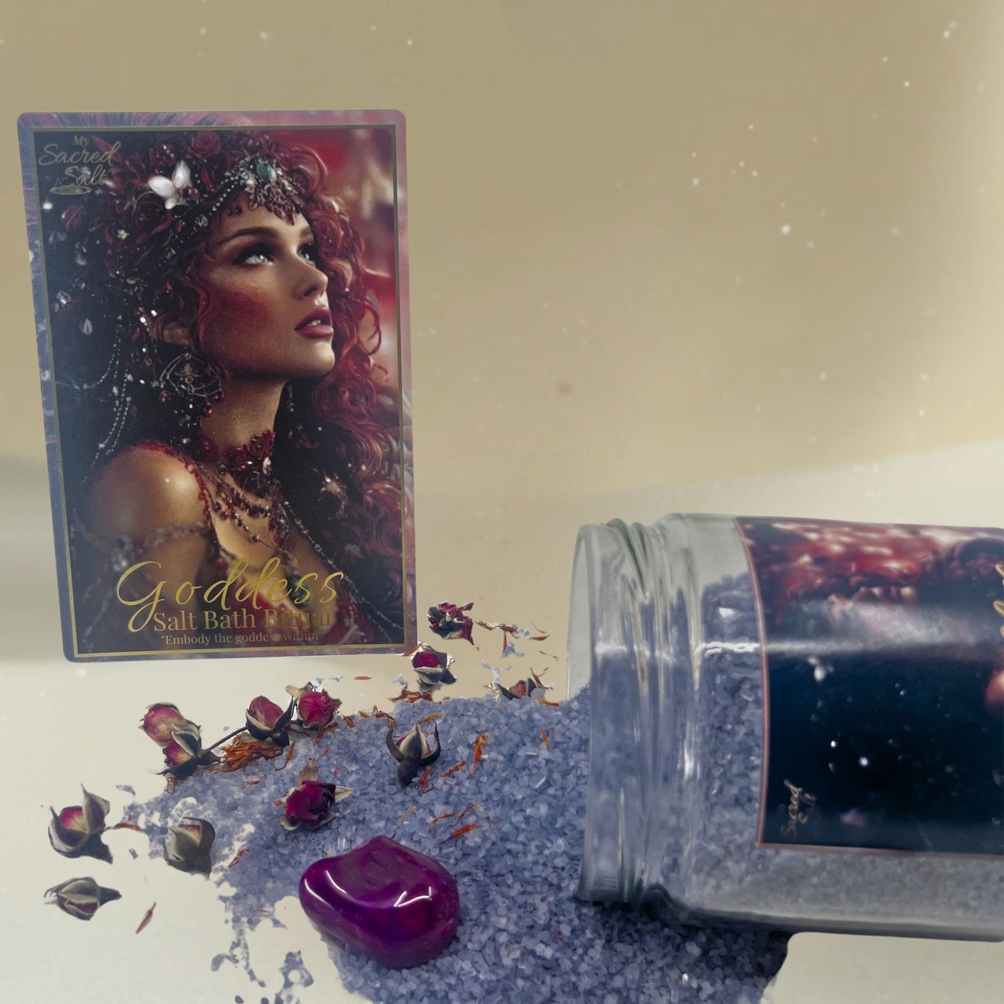 Cosmetic product with a jar and packaging featuring a Goddess design on a white background