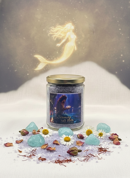Jar of 'Serenity Salt Bath' with a glowing mermaid figure in the background