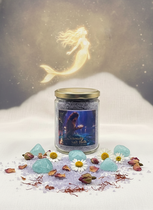 Jar of 'Serenity Salt Bath' with a glowing mermaid figure in the background