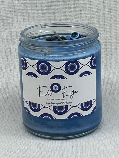 Jar candle with a decorative label on a textured gray background