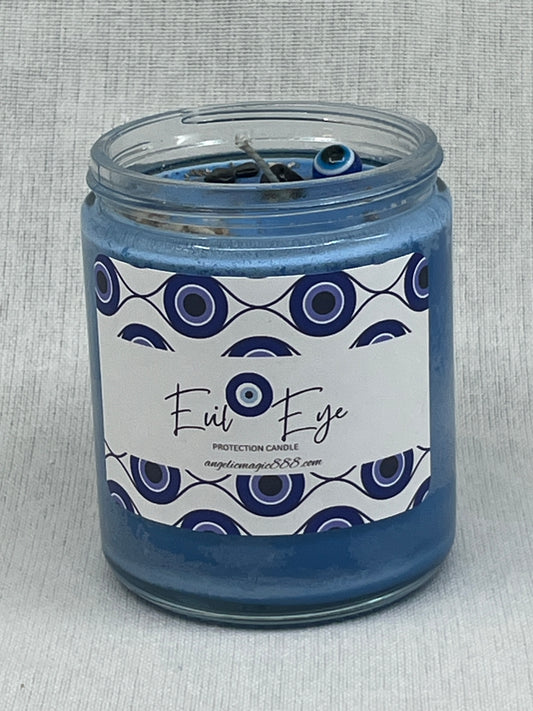 Jar candle with a decorative label on a textured gray background
