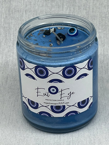 Candle jar with decorative label on a textured surface