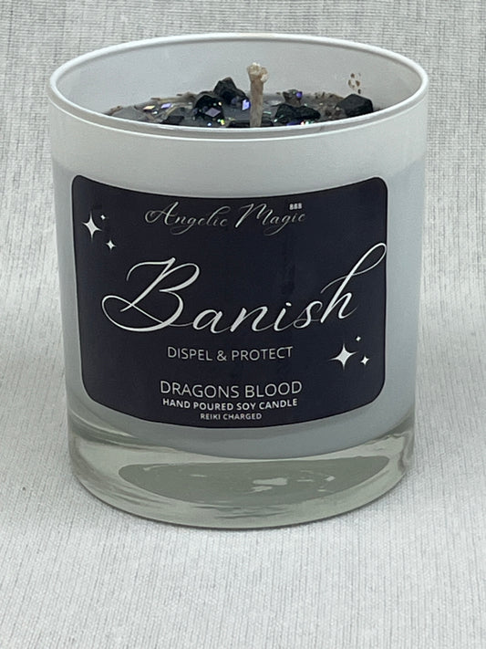 Candle with a label on a textured surface