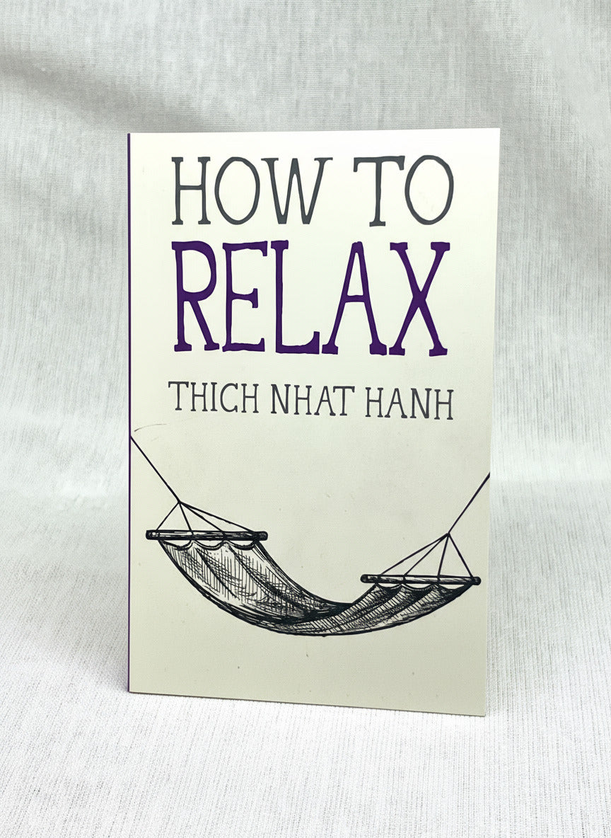 Book cover of 'How to Relax' by Thich Nhat Hanh with a hammock illustration on a textured gray background.