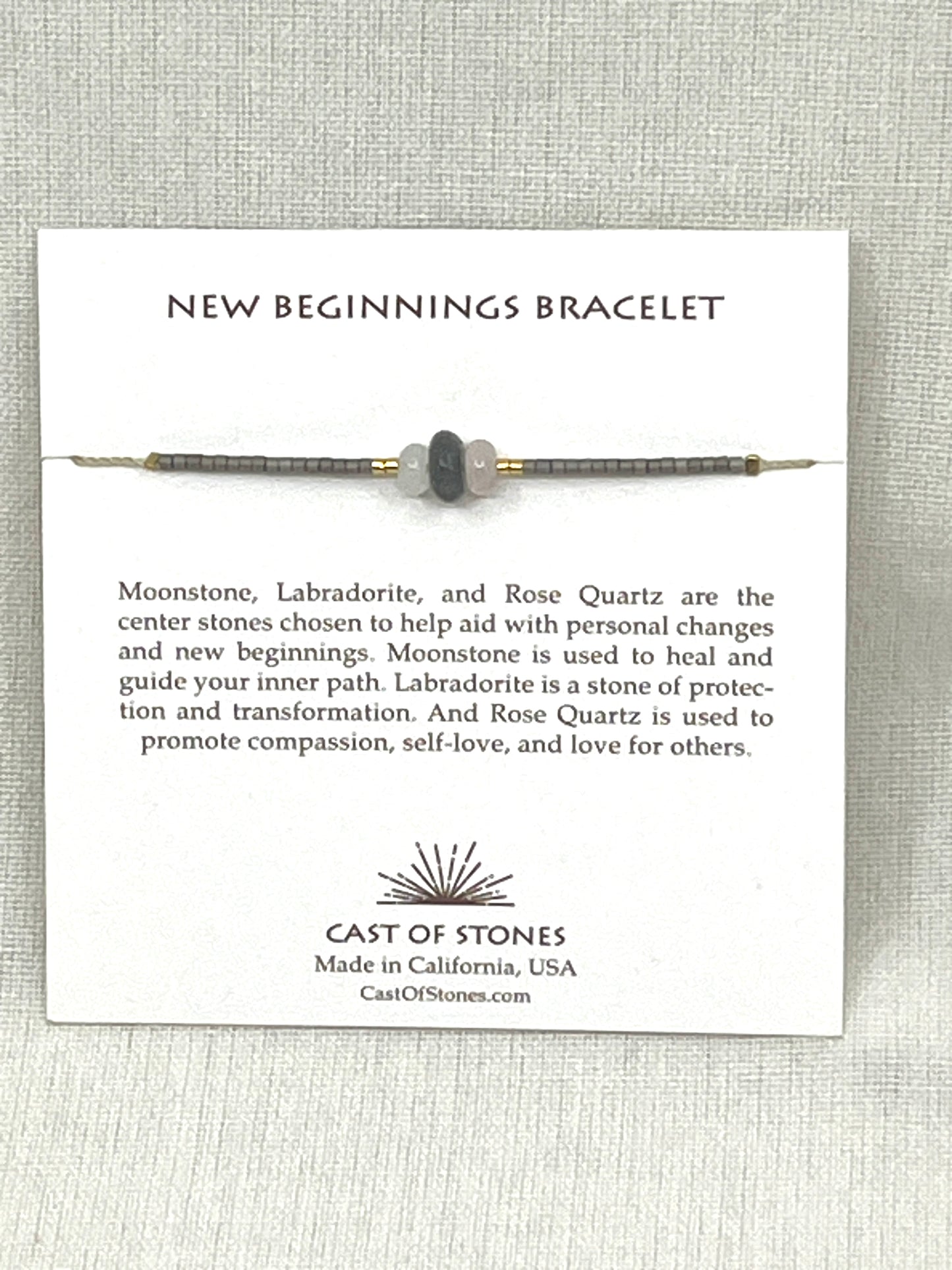 New Beginnings Bracelet with product description on a textured gray background