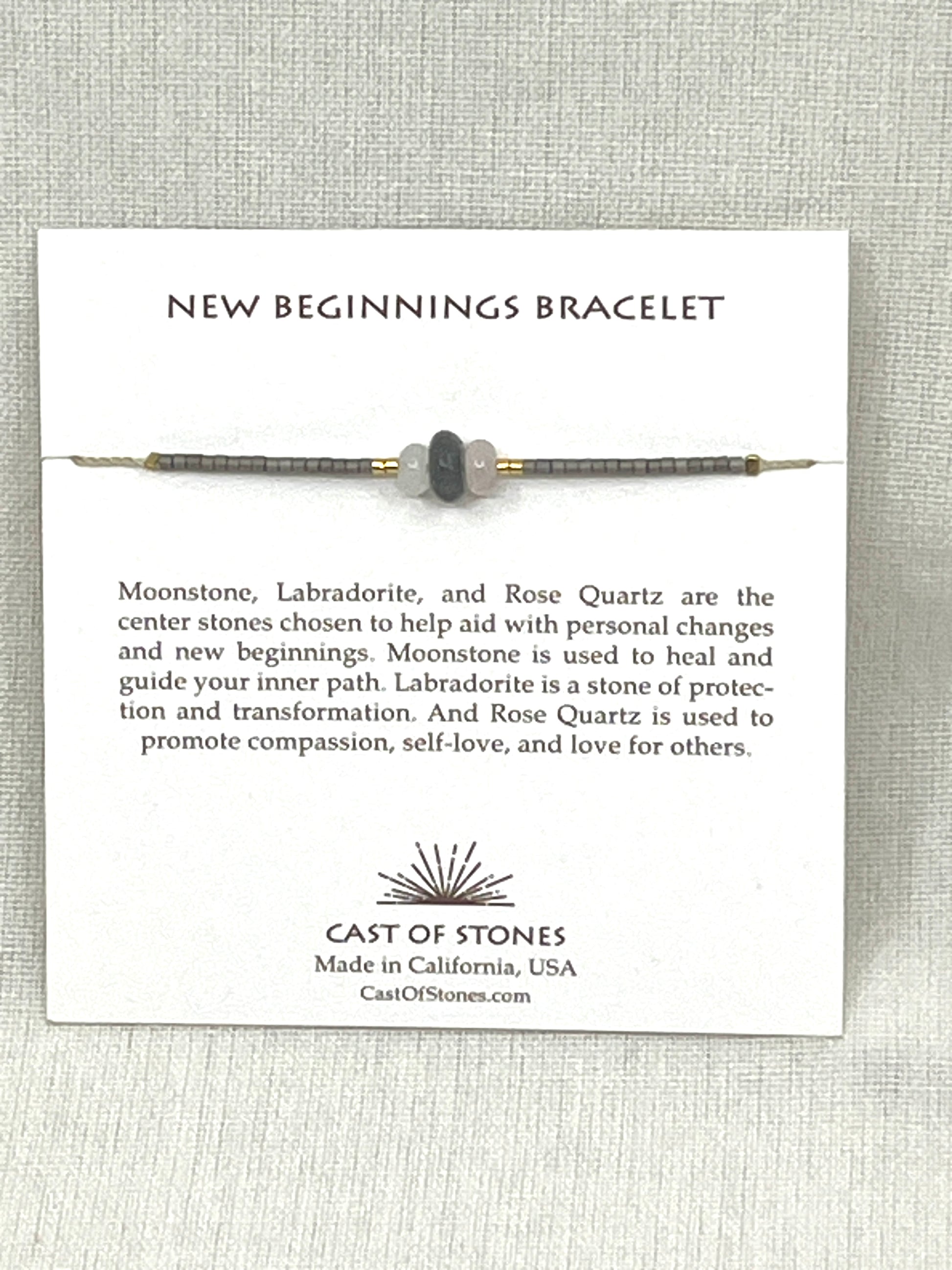 New Beginnings Bracelet with product description on a textured gray background