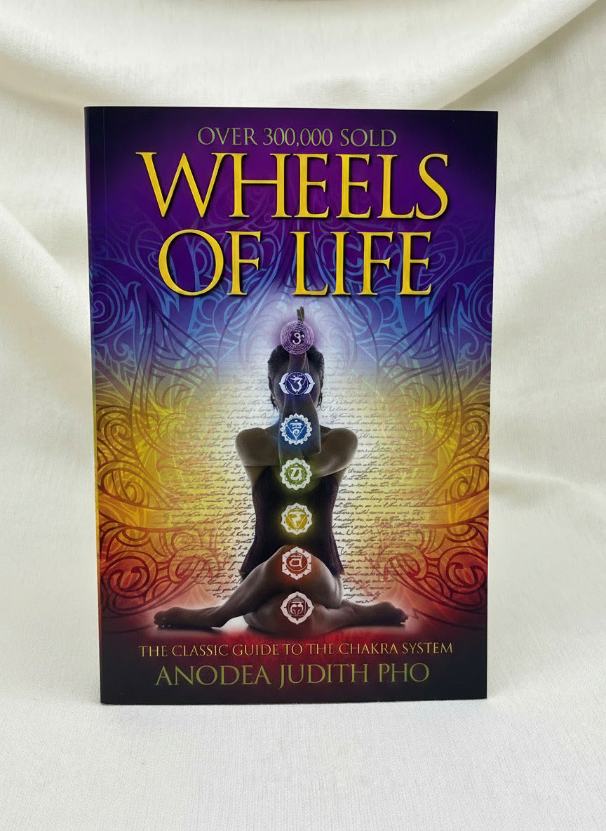 Book titled 'Wheels of Life' with a colorful cover featuring a person in a meditative pose on a white background.