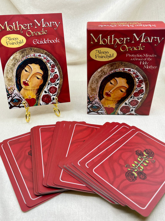 Mother Mary Oracle cards with packaging on a white background