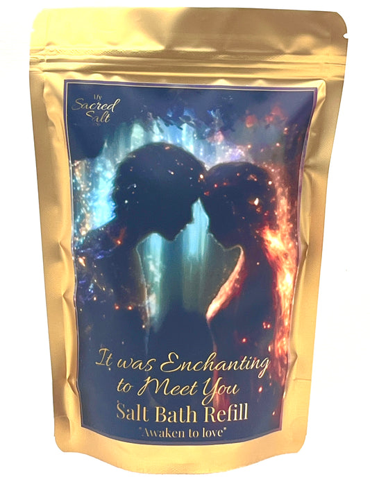 Salt bath refill package with a romantic design of a man and woman and text on a shadowed background