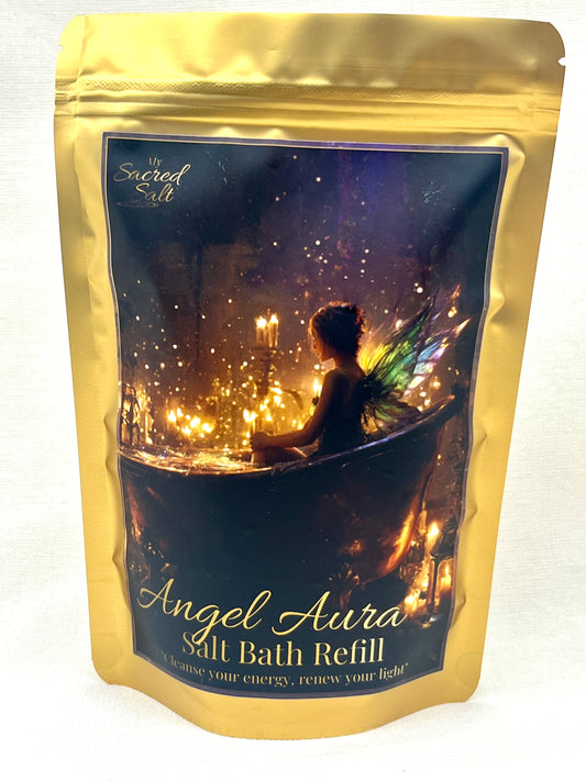 Gold packaging of Angel Aura Salt Bath Refill with a fairy silhouette with flickering candles.