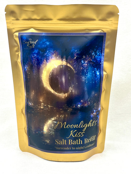 Salt bath refill package with moonlit design reflected in water and a gold border