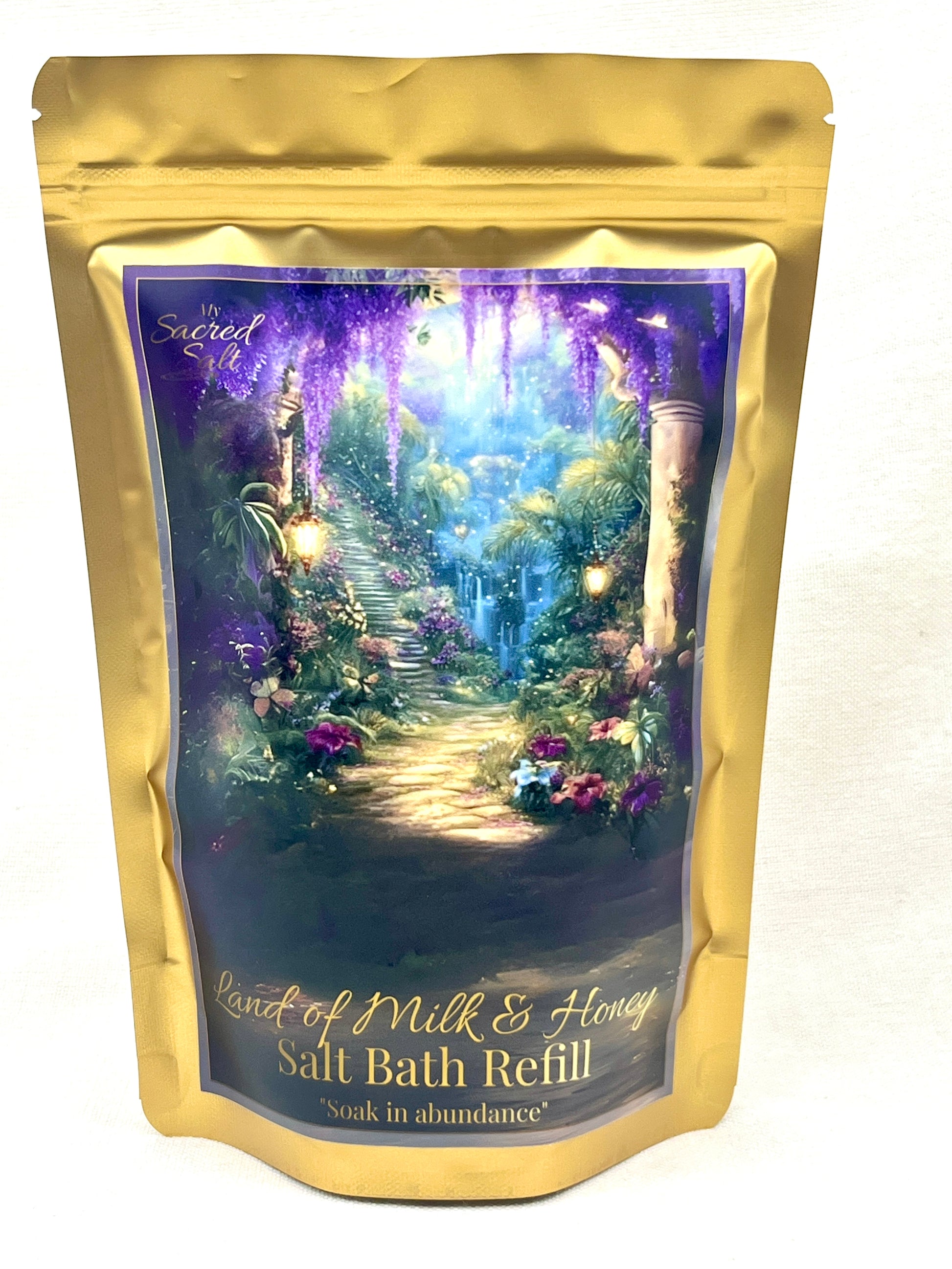 Salt bath refill package with a scenic design on a blue background