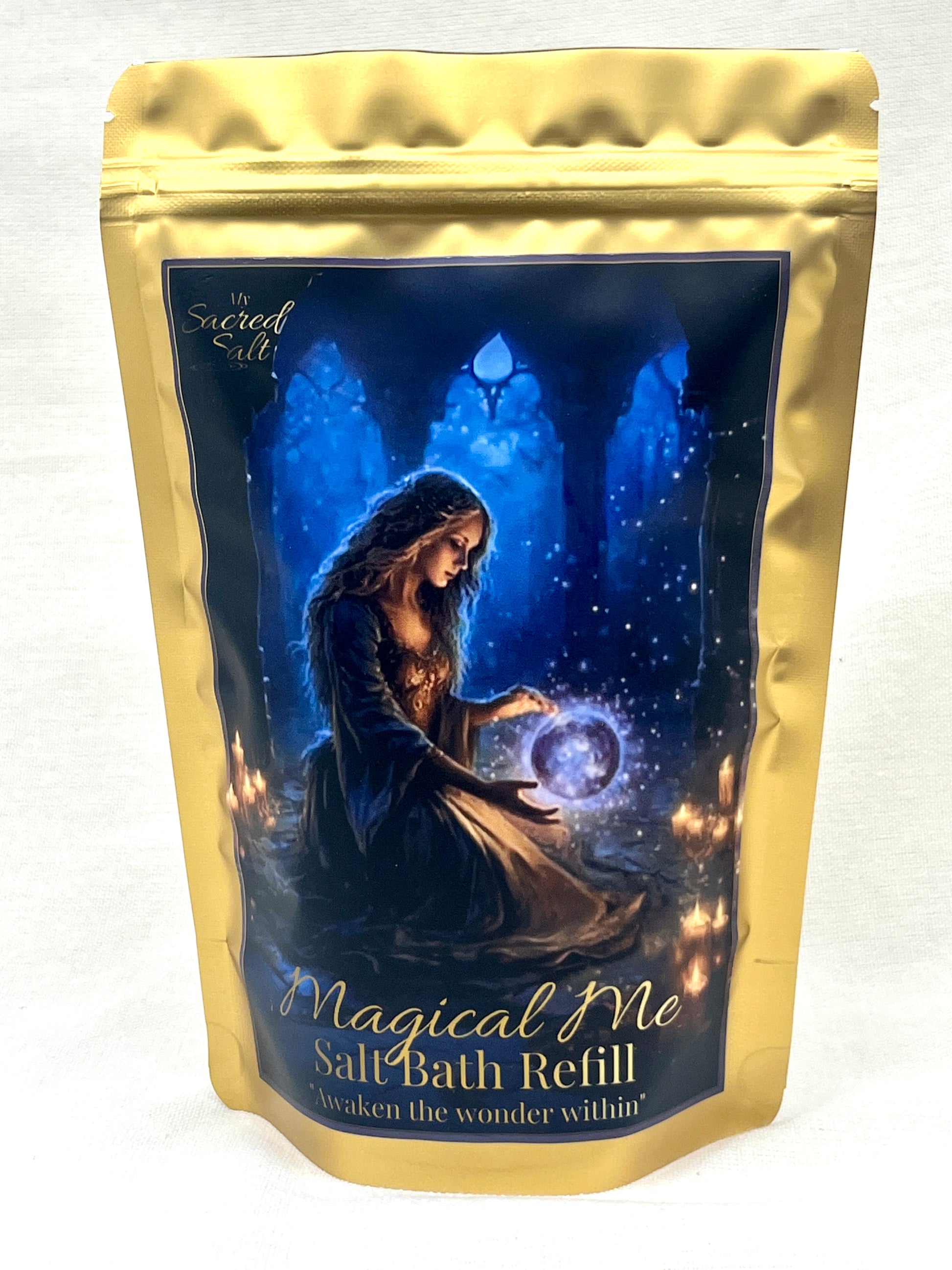 Salt bath refill packaging with a woman holding a crystal ball design on a blue background