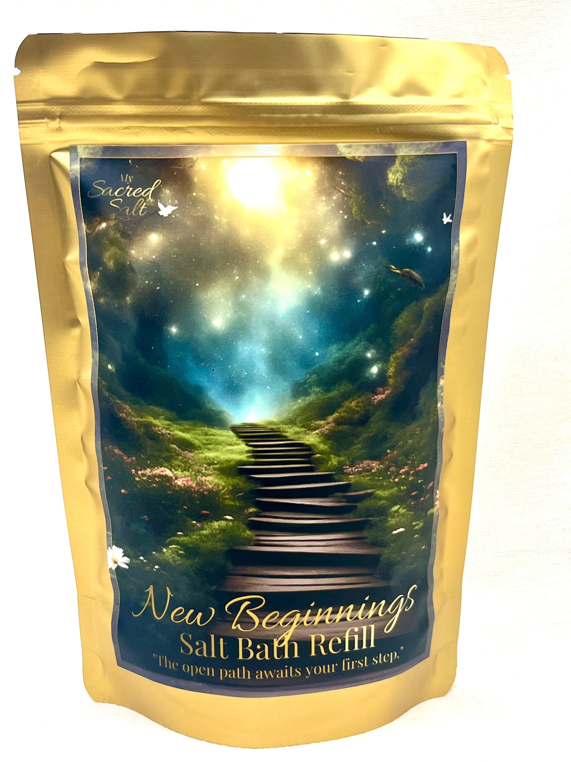 Salt bath refill packaging with a scenic stairway design and 'New Beginnings' text.