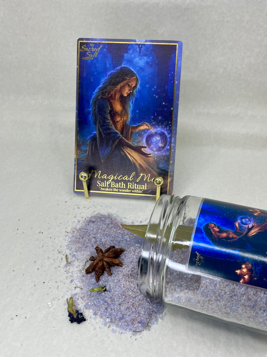 Salt bath ritual product with packaging featuring a woman and star anise on a gray background