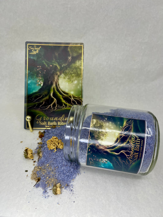 Grounding salt bath ritual product with packaging on a light gray background