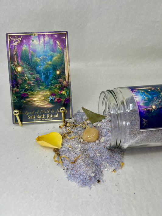 Spilled jar of salt bath ritual with a tarot card and decorative elements on a light gray background