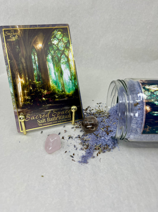 Salt bath ritual packaging with a jar of salt and lavender flowers on a light gray background