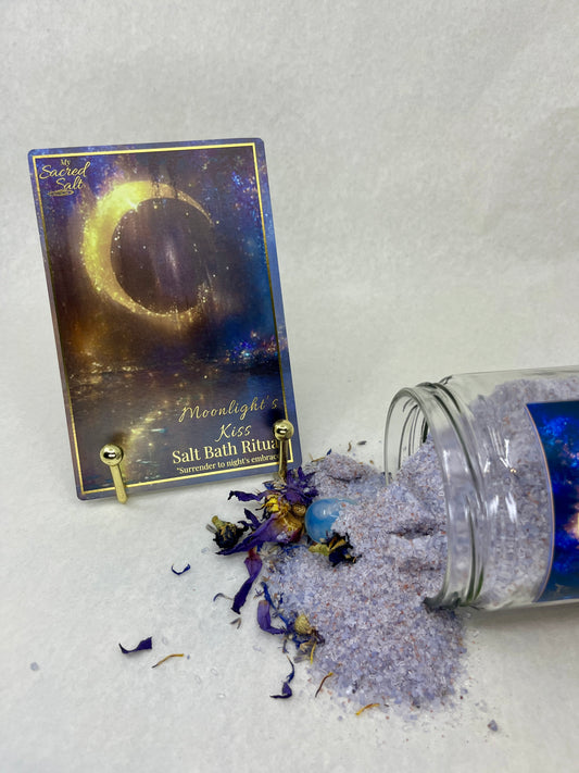 Salt bath ritual packaging with a jar of purple salt and decorative elements on a white background