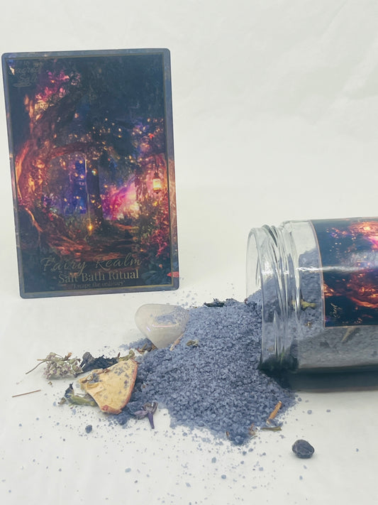 Spilling jar of purple powder with a tarot card on a white background