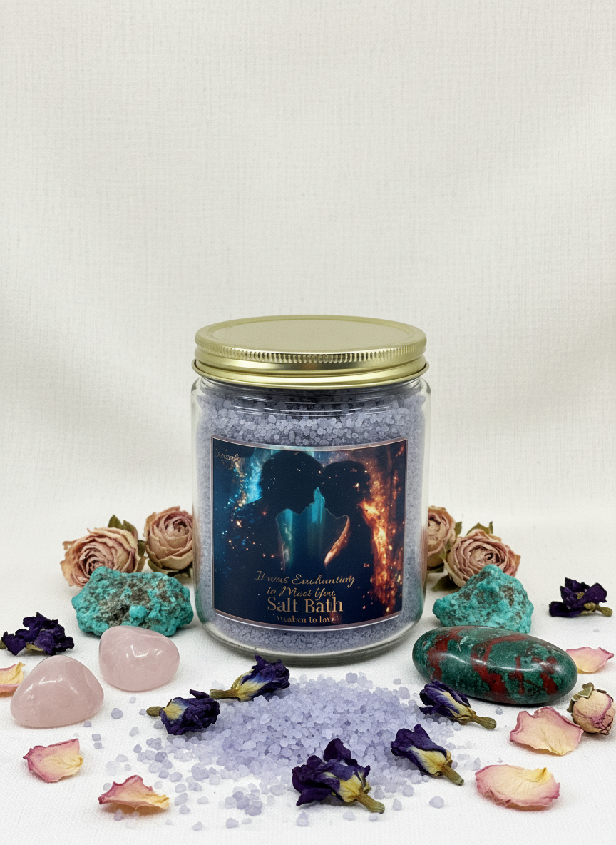 Jar of salt bath with decorative elements on a white background