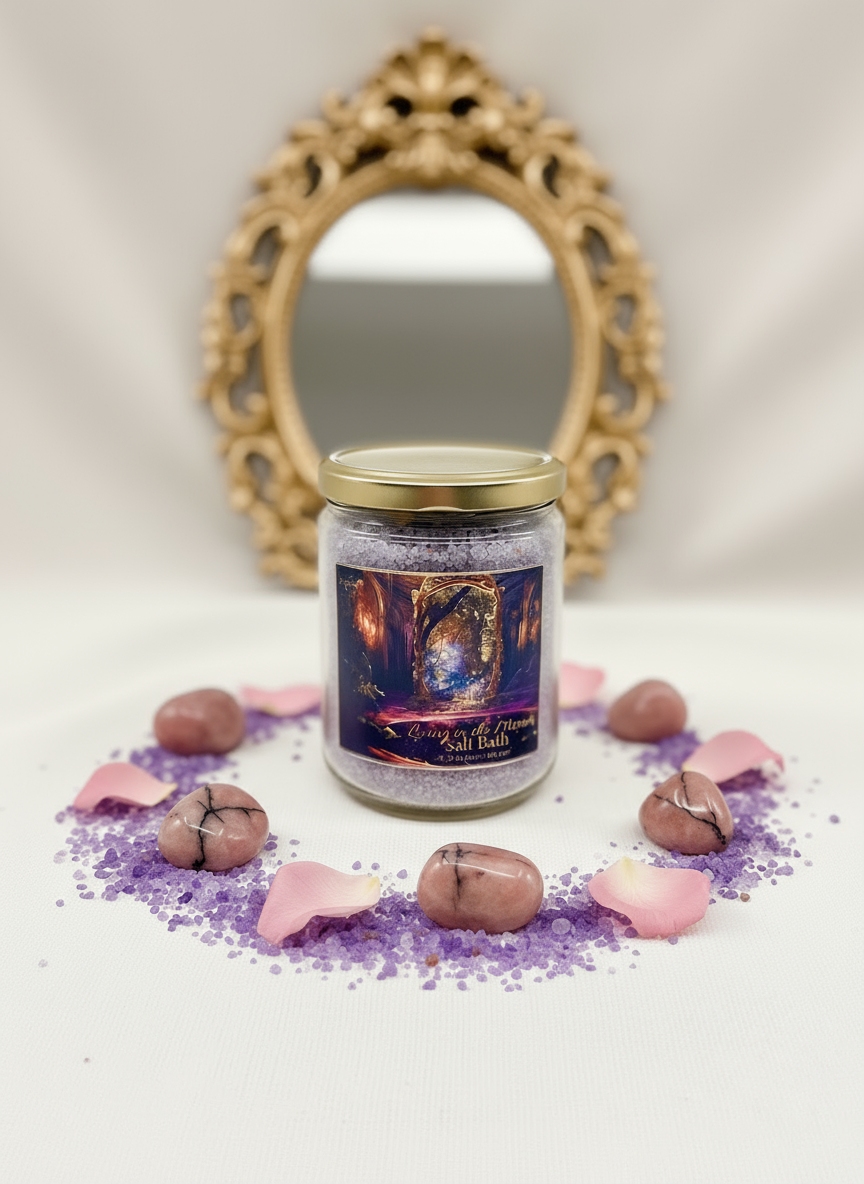 Candle jar with decorative label on a white surface with decorative elements