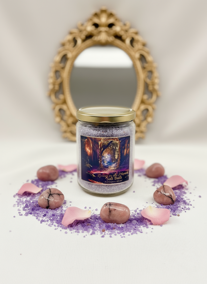 Candle jar with decorative label on a white surface with decorative elements