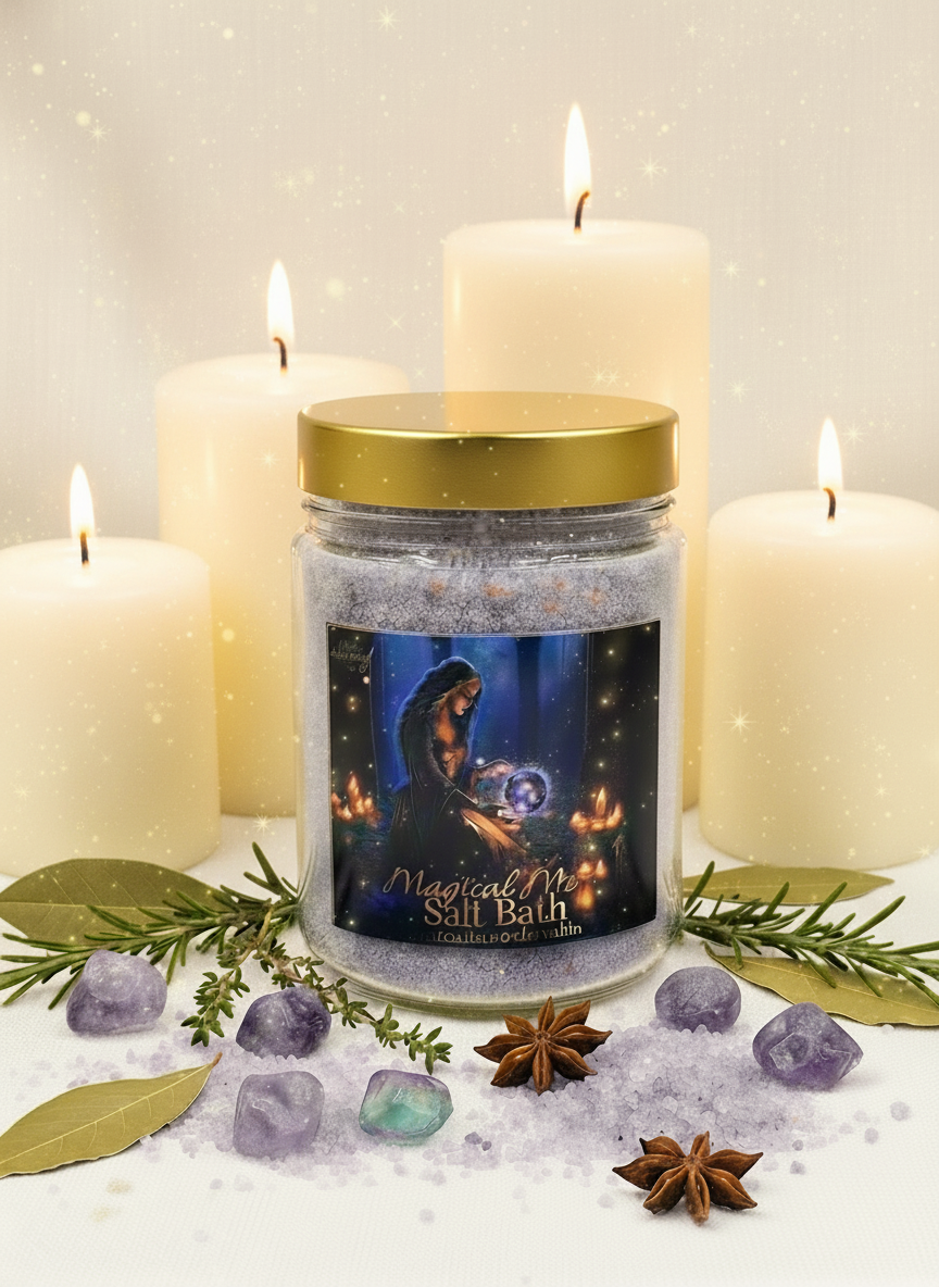 Jar of 'Magical Moon' salt bath with lit candles and decorative elements on a light background