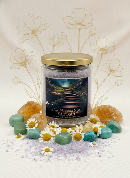 Candle jar labeled 'New Beginnings Salt Bath' with decorative stones, flowers, and a scenic label on a light background.