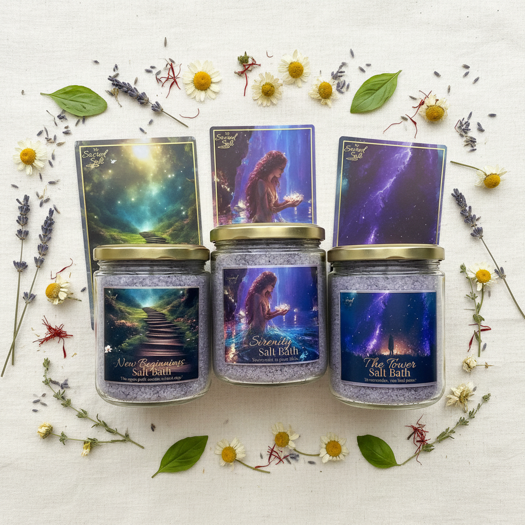 Three jars of 'Sacred Salt' from the Release & Surrender Salt Bath Collection with artistic labels Matching Ritual Cards  & botanicals on a white background