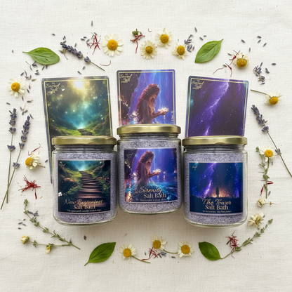 Three jars of 'Sacred Salt' from the Release & Surrender Salt Bath Collection with artistic labels Matching Ritual Cards  & botanicals on a white background