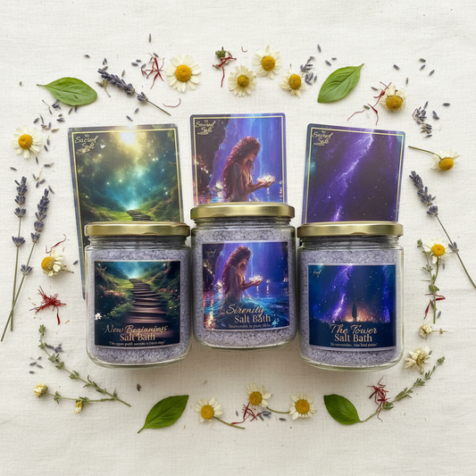 Three jars of 'Sacred Salt' from the Release & Surrender Salt Bath Collection with artistic labels Matching Ritual Cards  & botanicals on a white background