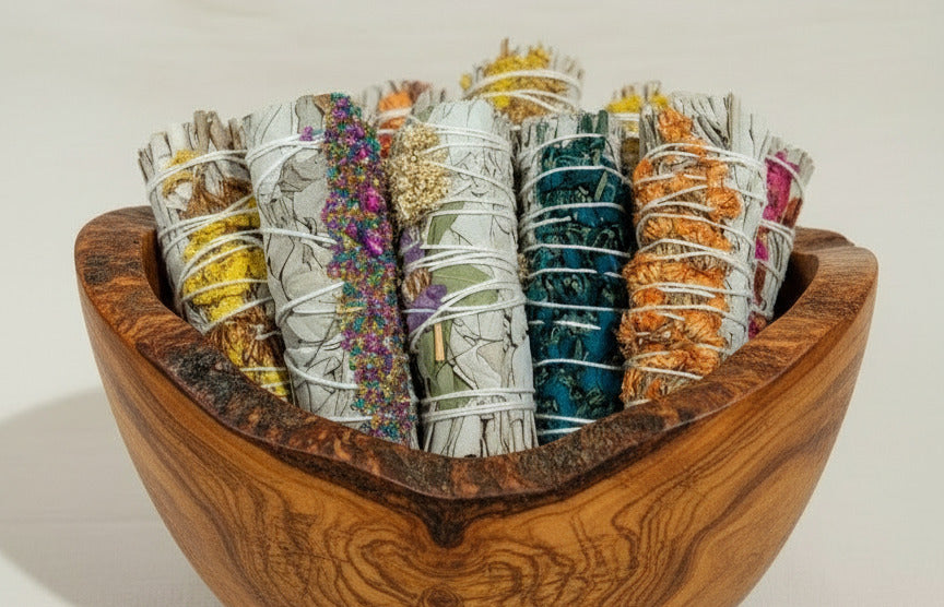 A variety of sage bundles held in a wooden bowl