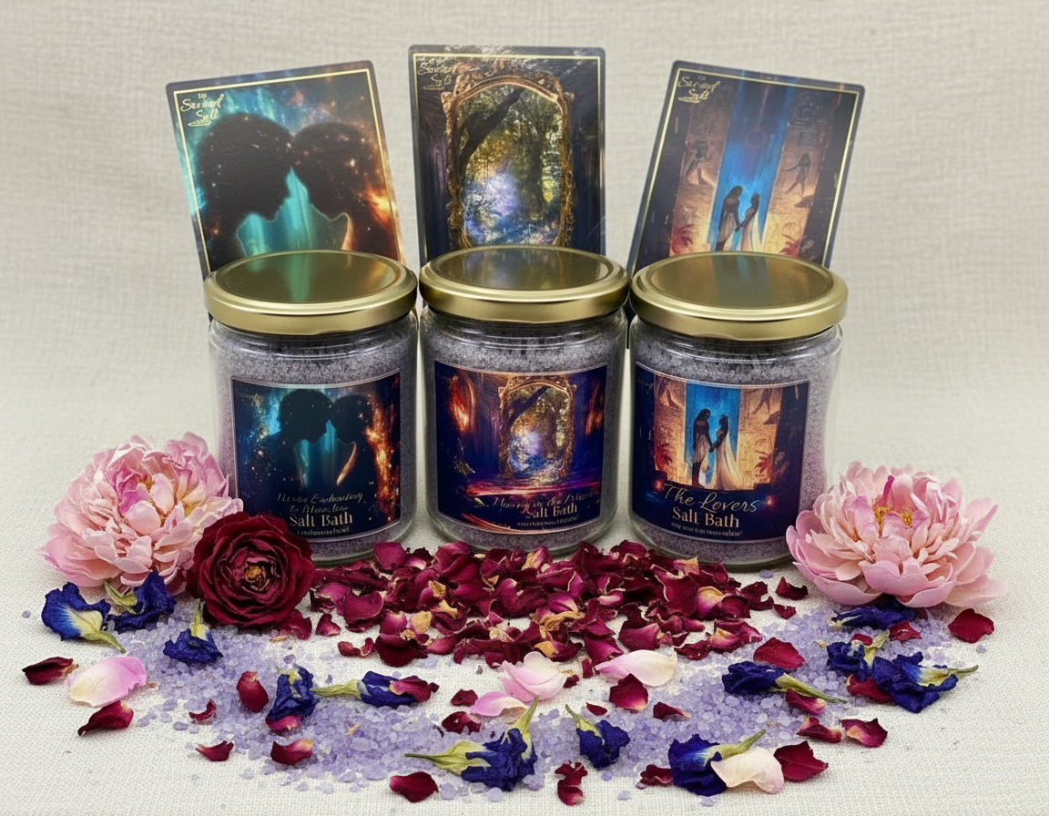 Three jars of salt bath  from love's Calling Collection with decorative labels and ritual cards on a white background.