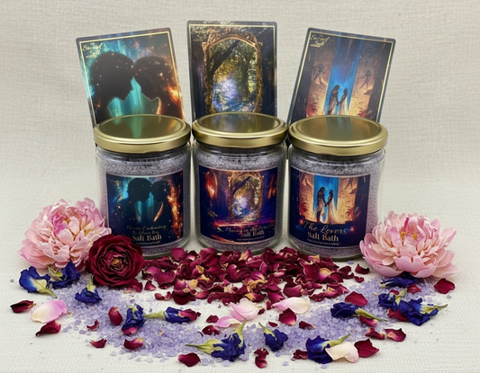 Three jars of salt bath  from love's Calling Collection with decorative labels and ritual cards on a white background.
