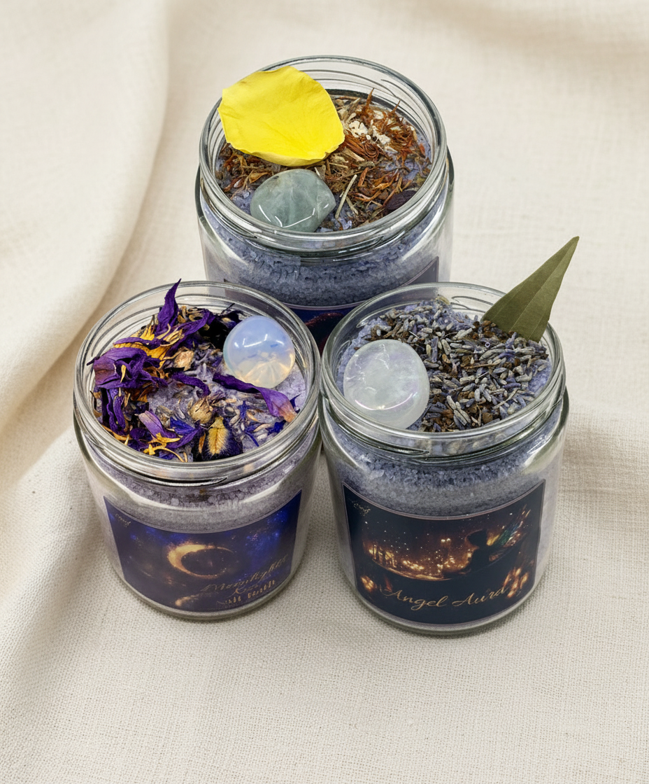 Three glass jars from the Wash it Away Salt Bath Collection with dried herbs and stones on a white background