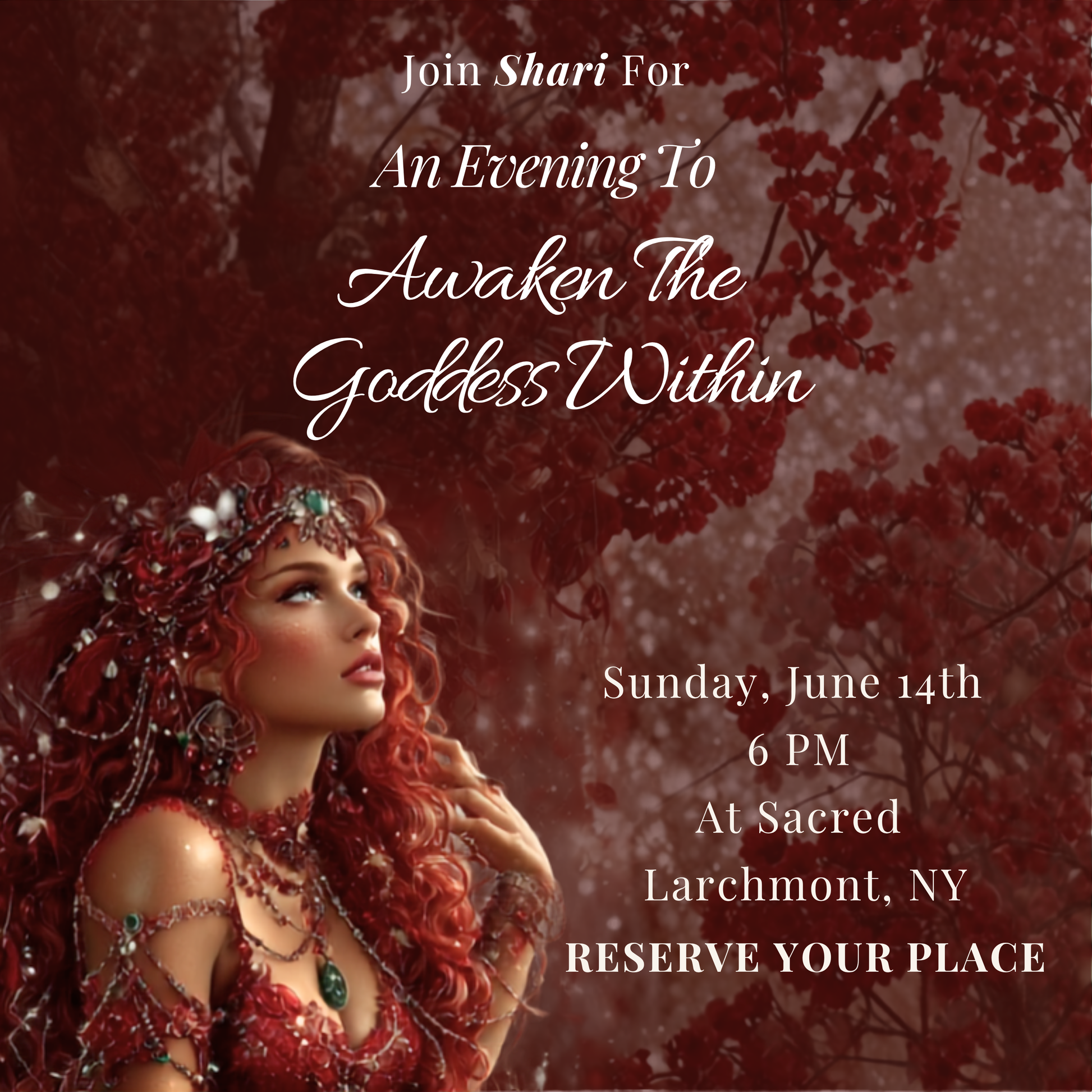 Promotional flyer for an event titled 'An Evening To Awaken The Goddess Within' with a woman in red attire against a red floral background.